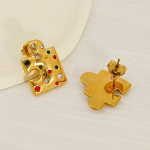 18k gold plated puzzle stud earrings with colorful rhinestones on white textured background