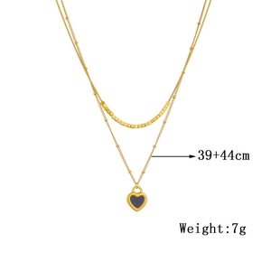 Gold double layer heart pendant necklace with black enamel charm, length 39+44cm