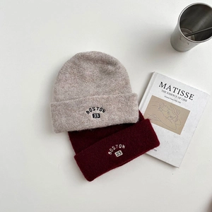 Winter wool blend knit beanie featuring Boston 23 embroidery in grey and burgundy colors