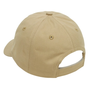 Detail view of khaki cotton baseball cap showing adjustable back strap and six-panel crown