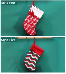 Detail of Style 4 and Style 5 knitted Christmas stockings with pom-poms and Nordic patterns