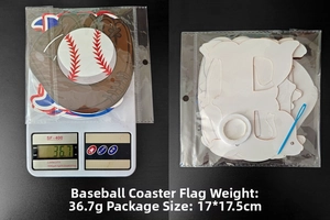 Detail of baseball party banner kit with glove cutouts including weight and size specs