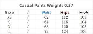 Detailed size chart for women wide-leg trousers including waist, hip and length measurements