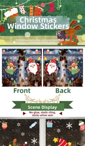 Detail of static Christmas window clings showing reversible Santa and reindeer patterns