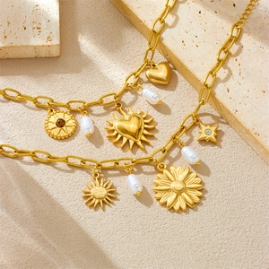 Stainless Steel Gold Plated Charm Bracelet With Heart Sun Sunflower And Artificial Baroque Pearl Retro Jewelry For Women Gift