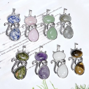 Detailed collection of cat-shaped natural stone pendants with polished alloy borders
