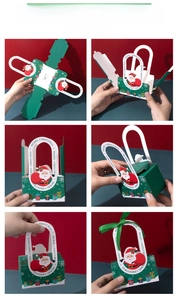 Step-by-step assembly guide for a green Santa Claus Christmas gift bag with a silk ribbon