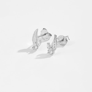 S925 sterling silver angel wing stud earrings with sparkling cubic zirconia on white background