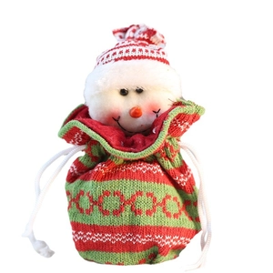 Knitted Christmas drawstring gift bag with snowman design in festive red and white colors