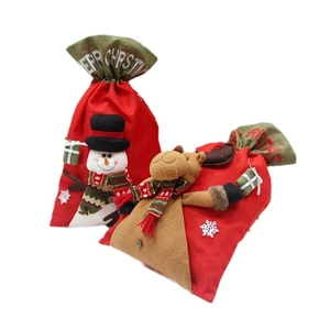 Large Christmas burlap gift bag with 3D snowman and reindeer plush doll decorations