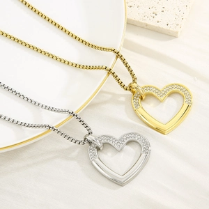 18K gold plated hollow heart pendant necklace with diamonds for women in gold and silver