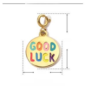 Detailed size chart of stainless steel enamel charm with Good Luck letters and spring clasp