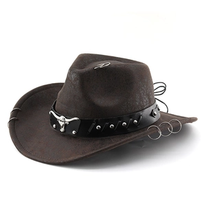 Dark brown leather western cowboy hat with metal bull head, studs, and ring brim detail