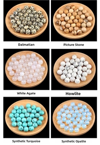 Macro display of 12mm half-drilled beads in Agate, Jasper, and Turquoise for DIY jewelry