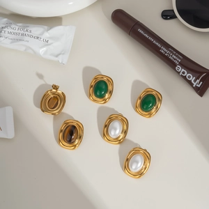 French vintage titanium steel earrings with natural stones in green, brown, and white