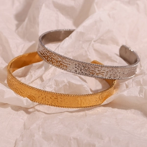 Minimalist hammered texture 18K gold plated stainless steel open cuff bracelets