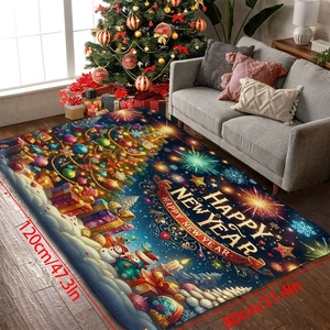 Detail showing Happy New Year mat with snowman and gifts in festive living room setting