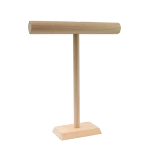 Natural wood T-shaped jewelry display stand for necklaces and bracelets on white background