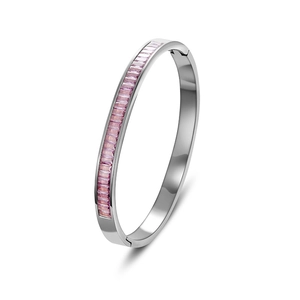 Polished silver stainless steel bangle featuring rectangle-cut pink zirconia stones