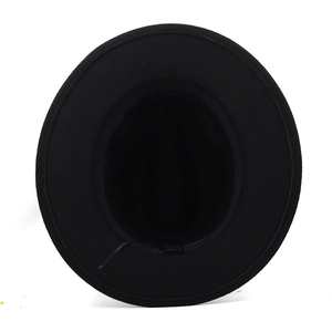 Detail of wide brim black felt fedora interior showing adjustable inner drawstring