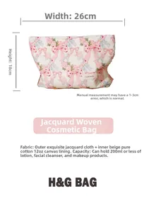 Detailed size specifications for pink bow cotton jacquard pouch, 26x18cm large capacity