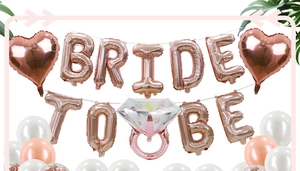 Detail of rose gold Bride To Be foil balloons and diamond ring balloon set