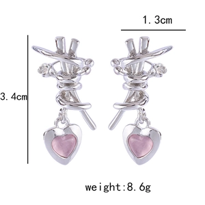 Detailed size specifications for pink heart crystal drop earrings with 925 silver needles