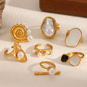 Adjustable Ring Stainless Steel 18K Gold Plated Imitation Artificial Pearl Ocean Style Irregular Geometric Baroque Jewelry For Women
