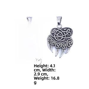 Detailed front and back view of Celtic knot bear claw pendant with size and weight specs