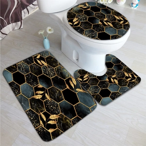 Set da bagno 3 pezzi in marmo nero con motivi esagonali dorati e foglie moderne