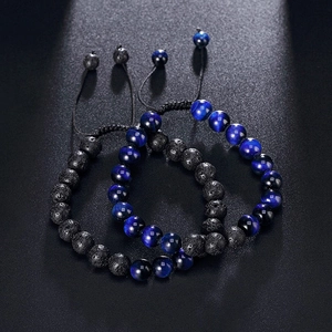 8mm natural blue tiger eye and lava stone beaded bracelets with adjustable braided rope