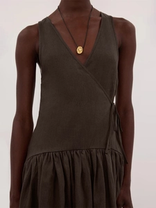 Robe Longue Maxi Sans Manches Col En V Pour Femmes Coton Portefeuille Couleur Unie Taille Nouée Ourlet À Volants