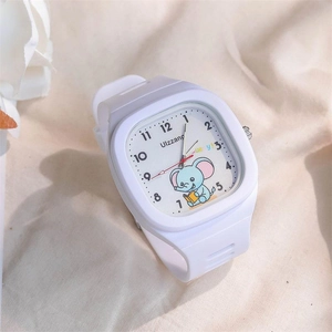 Close-up of square silicone watch with cute cartoon elephant on white dial and strap