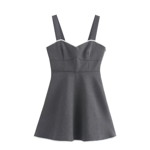 Women Grey Lace Trim Camisole Mini Dress Backless High Waist Polyester Sleeveless Preppy Style Casual Summer Party Wear