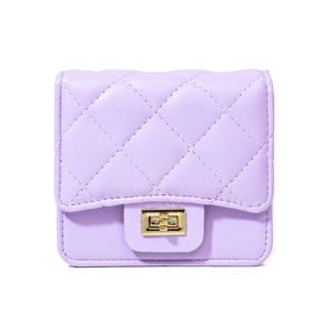 Minimalist purple quilted crossbody wallet with gold metal twist lock and shoulder strap