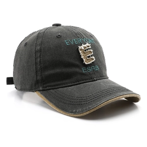 Vintage washed cotton baseball cap with embroidered letter E and sun protection visor