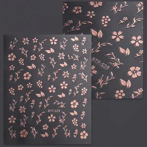 Detailed macro view of 5D champagne gold floral embossed nail art stickers BTF-S29