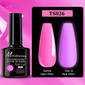 Luminous fluorescent nail gel comparison showing day and night glowing effect of UV LED polish