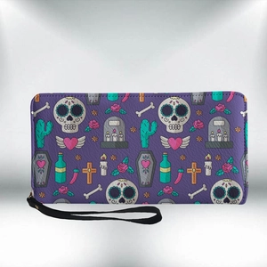 Long PU leather wallet with Halloween skull prints and detachable wrist strap in purple