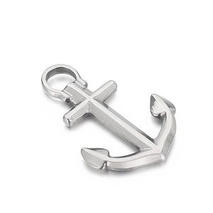 Polished stainless steel anchor pendant with ring loop for necklace on white background