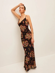 Floral print V-neck long camisole dress for women featuring a black base and vibrant patterns