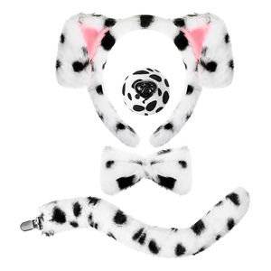Dalmatian puppy cosplay costume set with spotted plush ears, nose, bow tie and long tail
