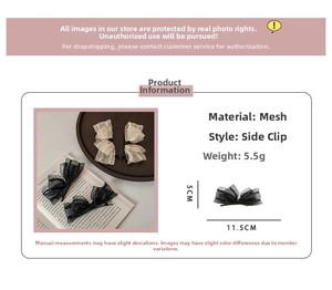 Detailed specs of the sheer mesh bow hair clip with 11.5cm length and 5.5g weight