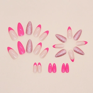 Unghie finte francesi rosa acceso glitterate forma a mandorla lunga set da 24 pezzi