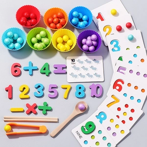 Montessori wooden puzzle toy set with colorful beads and number cards for early education