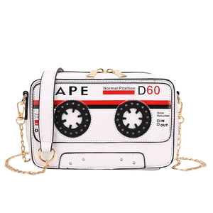 Creative white cassette tape crossbody bag with gold chain strap for women