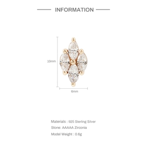 925 Sterling Silver marquise diamond shape cartilage stud earring with 10mm height