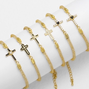 Cross Pendant Bracelet 18K Gold Plated Copper Metal Mesh Chain With Zirconia Fashion Jewelry For Women