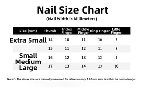 Size chart showing width measurements in mm for cat eye press-on nails from XS to L