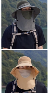 Detail of outdoor sun hat with detachable face cover and neck flap in khaki and green